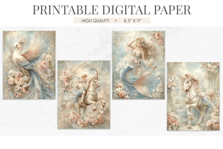 Fantasy Creatures Digital Paper Unicorn Mermaid JPGs
