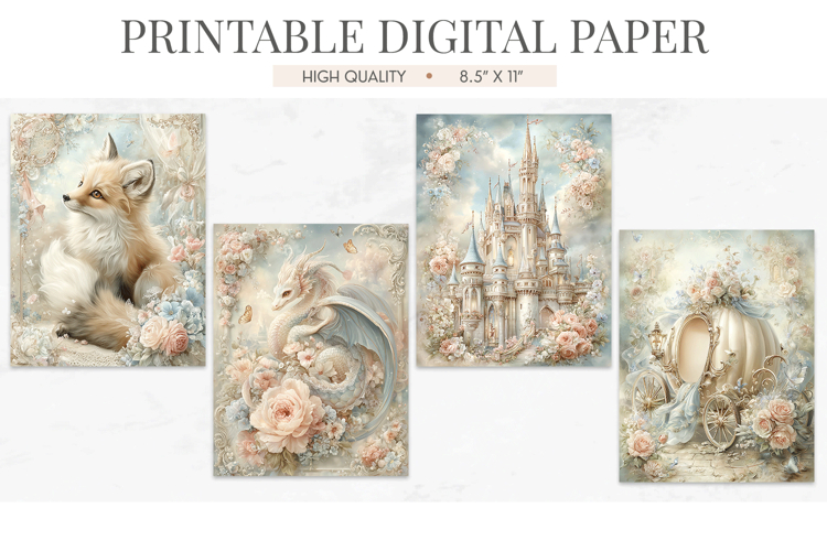 Fairytale Castle Digital Paper Fox Dragon Carriage JPGs
