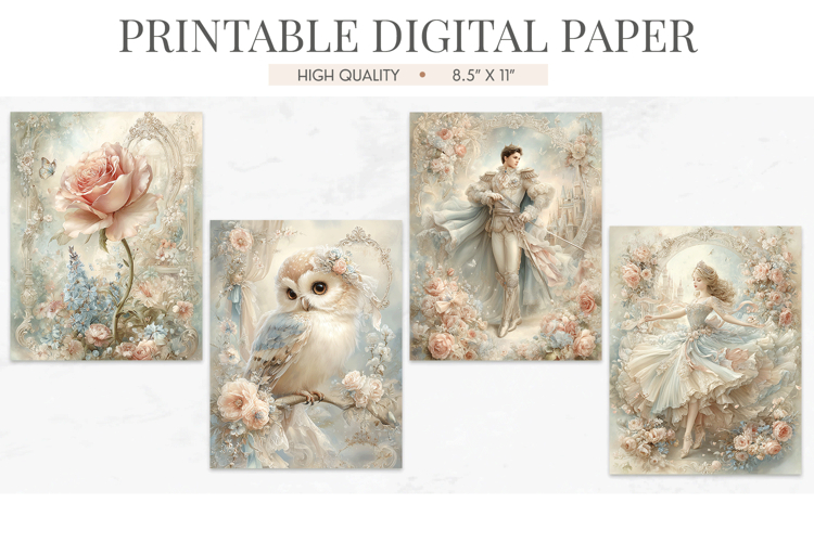 Fairytale Prince Princess Digital Paper Owl Rose JPGs