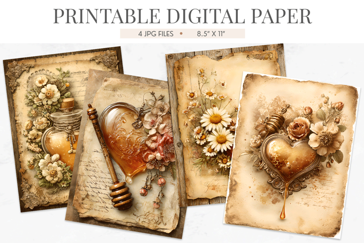 Vintage Honey Heart Junk Journal Paper Pack
