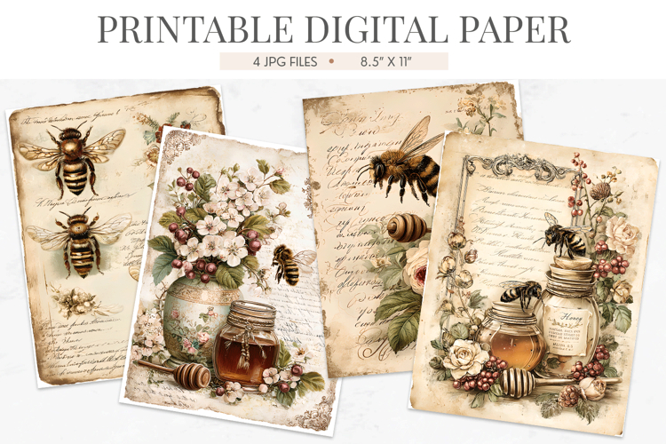 Vintage Bee Honey Junk Journal Paper Pack