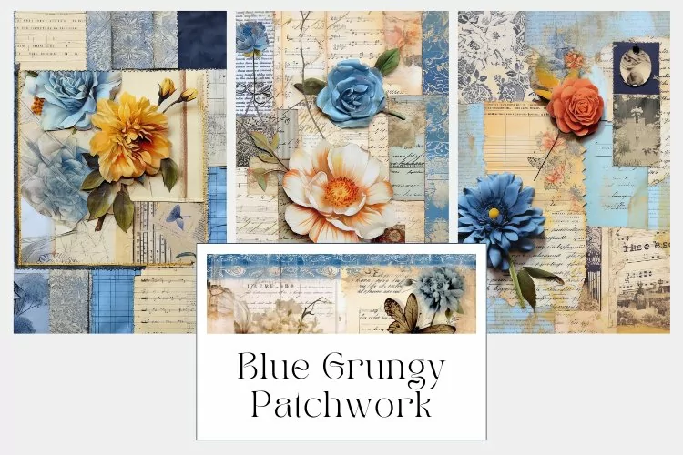 Blue Grungy Patchwork Junk Journal Page
