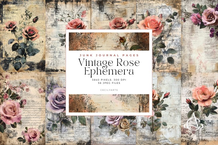 Vintage Rose Ephemera Junk Journal Pages Bundle example image 1