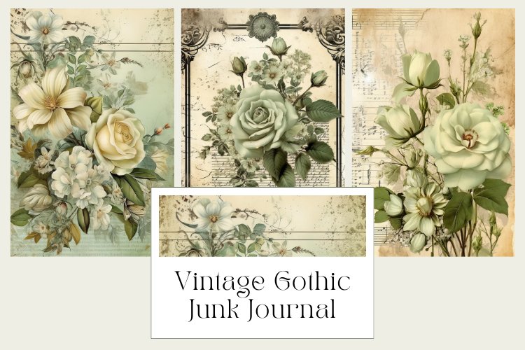 3 Sage Green and Ivory Flowers Vintage Gothic Junk Journal example image 1