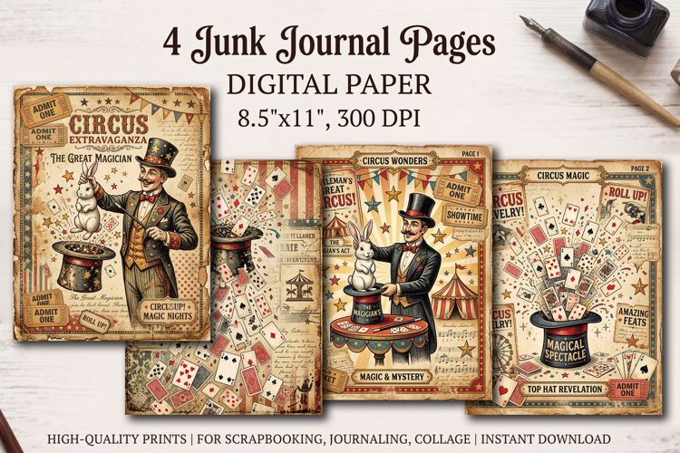 Circus junk journal pages, scrapbooking digital papers