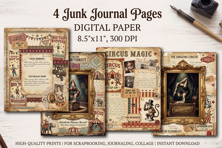 Circus junk journal pages, scrapbooking digital papers