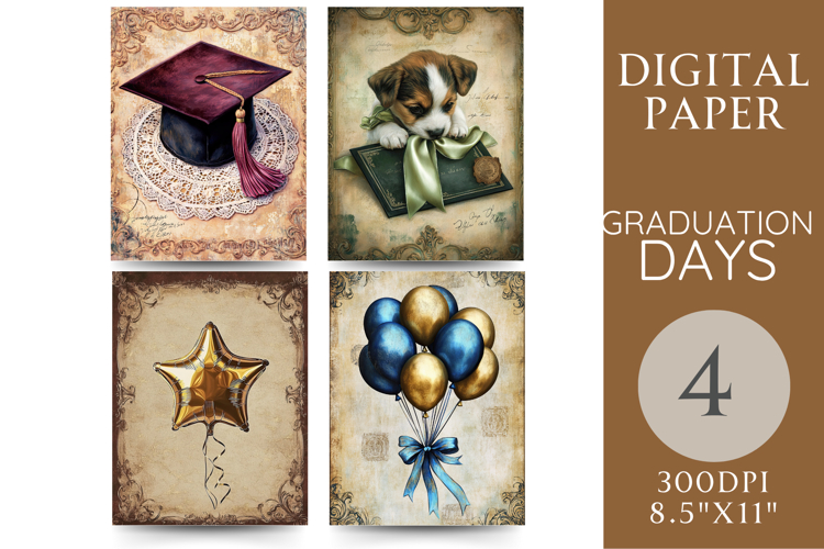 Graduation Journal Pages Puppy, Balloons & Cap
