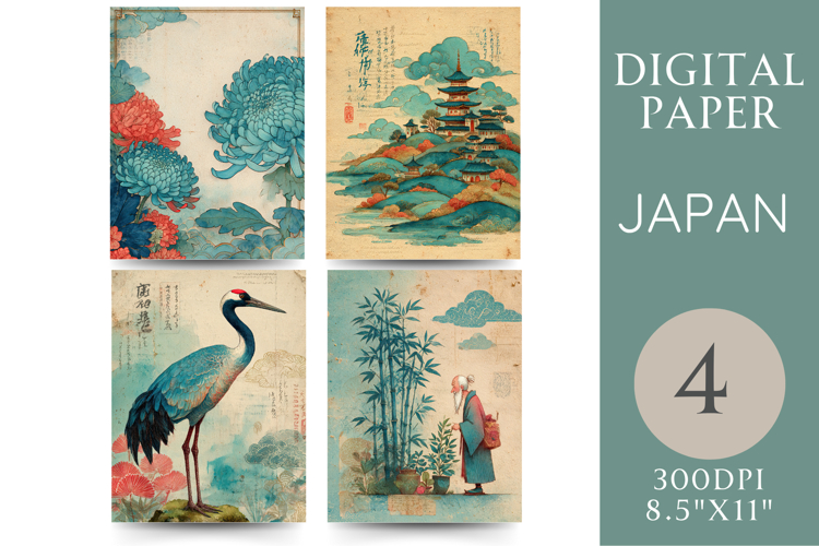 Japanese Digital Papers Cranes, Pagoda & Bamboo