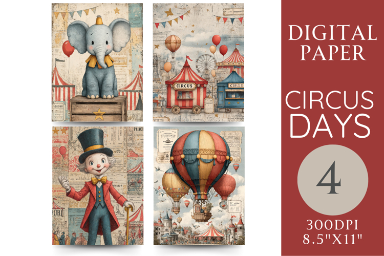 Circus Digital Papers Elephant, Tent & Hot Air Balloon