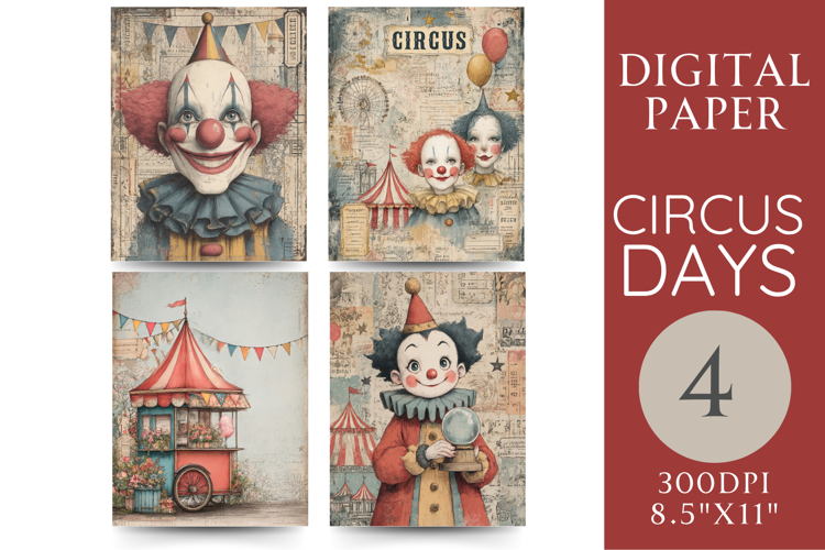 Vintage Circus Papers Clowns, Tent & Popcorn Cart