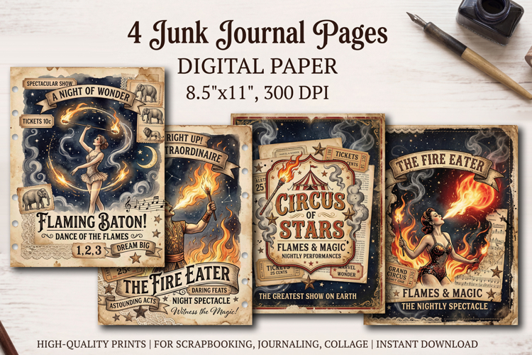 Circus junk journal pages, scrapbooking digital papers