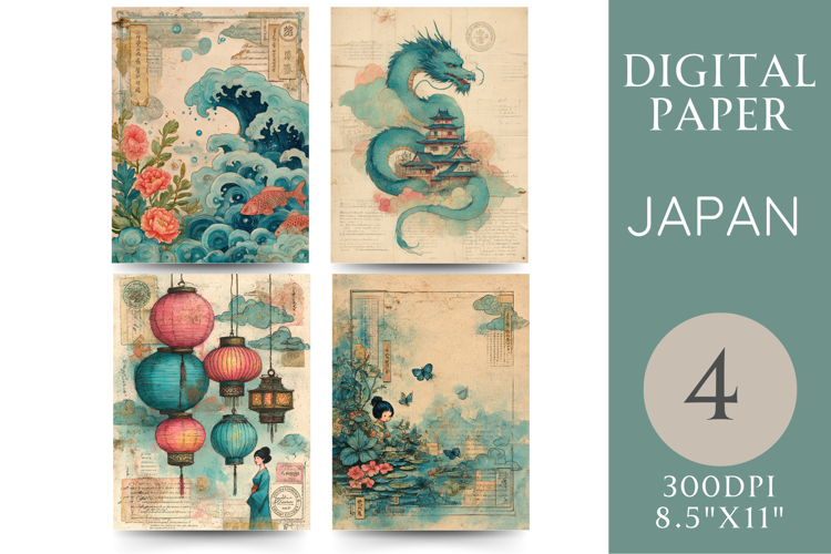 Japanese Journal Pages Dragon, Waves & Lanterns