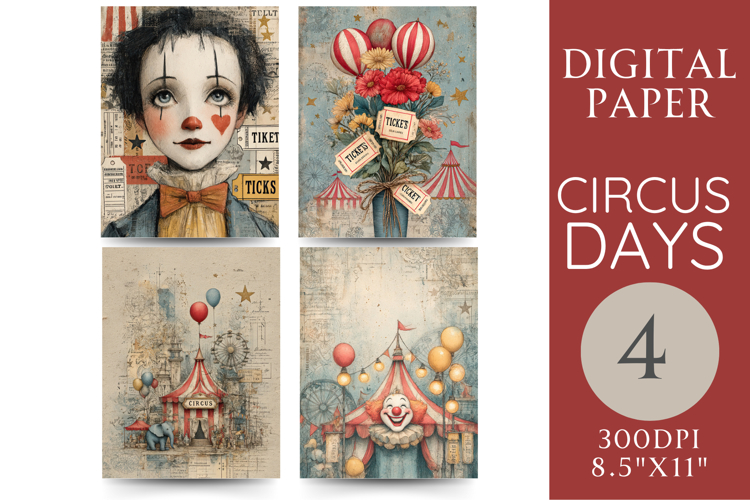 Circus Junk Journal Pages Clown, Tent & Tickets