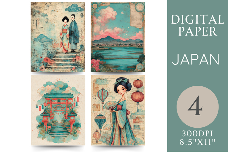 Japanese Digital Papers Torii Gate, Lanterns & Kimono