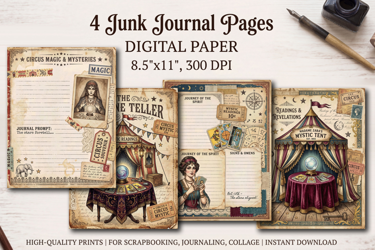Circus junk journal pages, scrapbooking digital papers