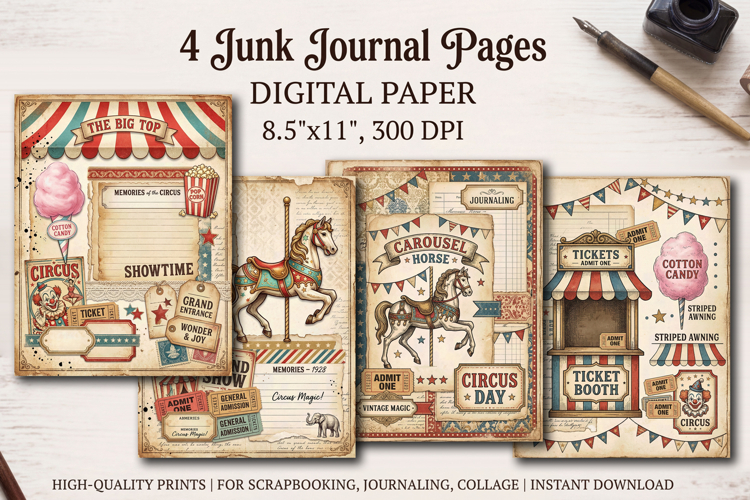 Circus junk journal pages, scrapbooking digital papers