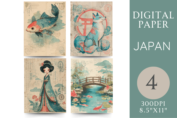 Japanese Journal Pages Koi, Fox Spirit & Bridge Scene