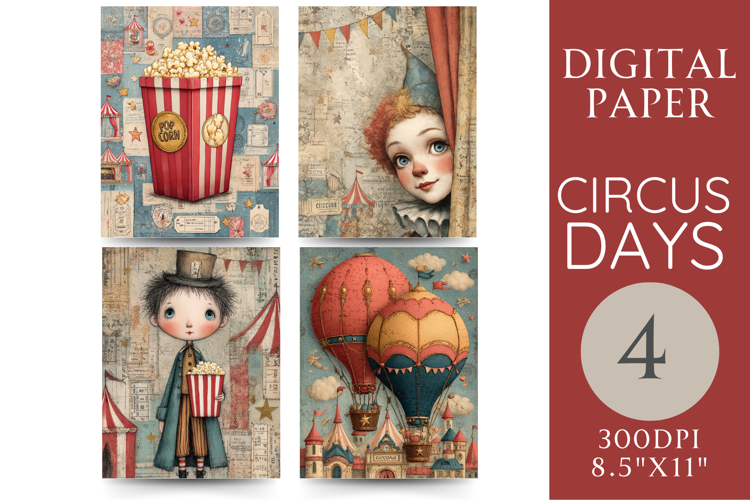 Circus Digital Papers Popcorn, Balloons & Big Top