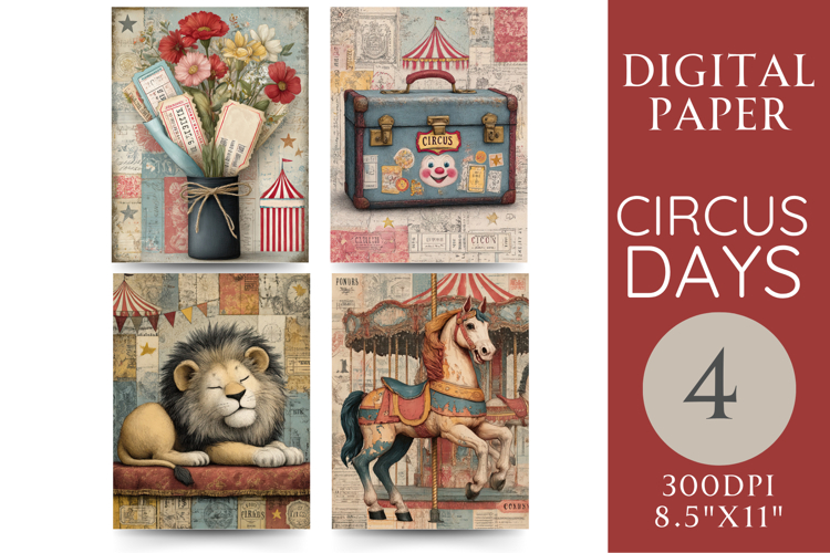 Circus Journal Pages Lion, Carousel & Ticket Vase