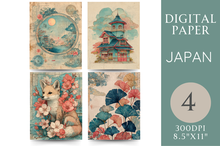 Japanese Journal Pages Fox, Pagoda & Ginkgo Leaves