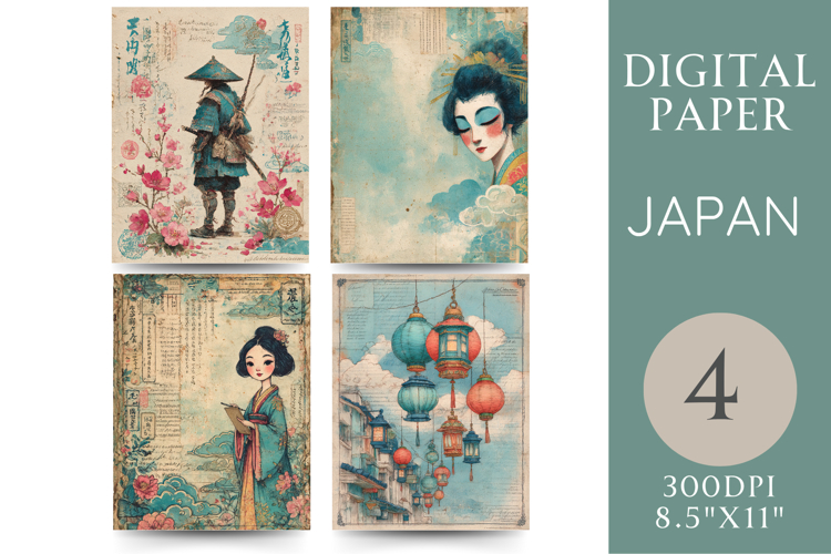 Japanese Junk Journal Pages Vintage Art & Lanterns