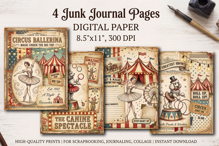 Circus junk journal pages, scrapbooking digital papers