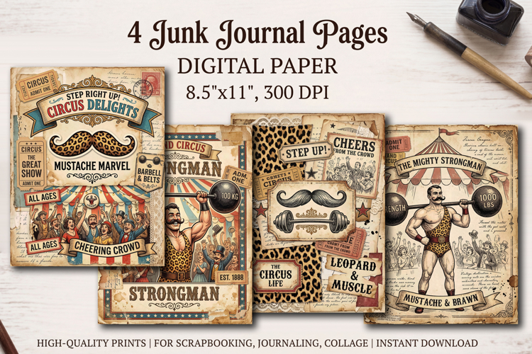 Circus junk journal pages, scrapbooking digital papers