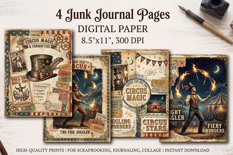 Circus junk journal pages, scrapbooking digital papers
