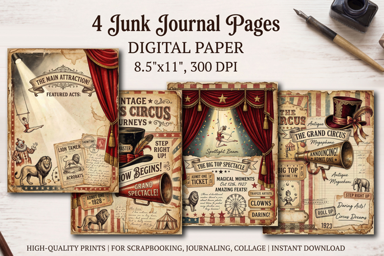 Circus junk journal pages, scrapbooking digital papers