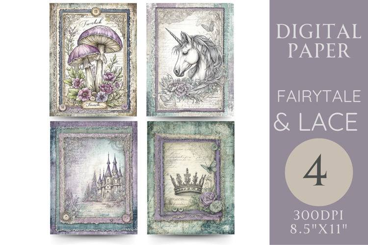Fairytale Junk Journal Pages Unicorn, Crown   Castle