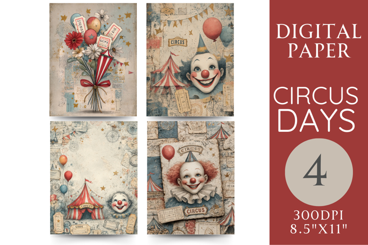 Circus Junk Journal Pages Vintage Clown & Tent Art