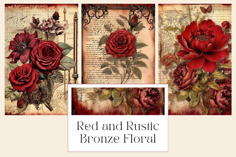 Deep Red and Rustic Bronze Floral Junk Journal Pages example image 1