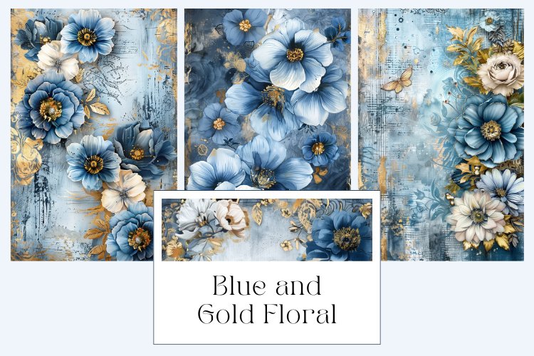 Blue and Gold Floral Junk Journal Pages example image 1