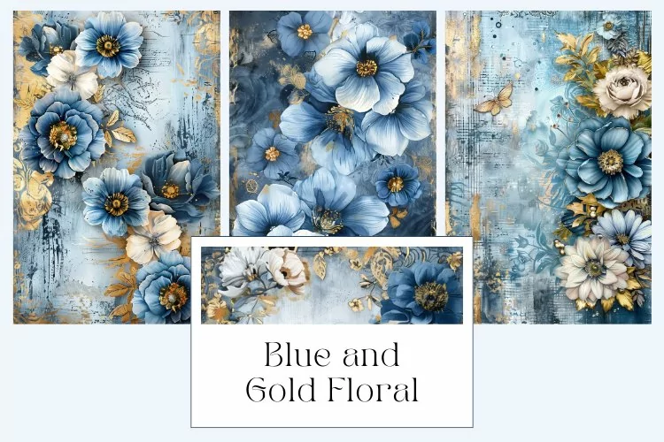 Blue and Gold Floral Junk Journal Pages