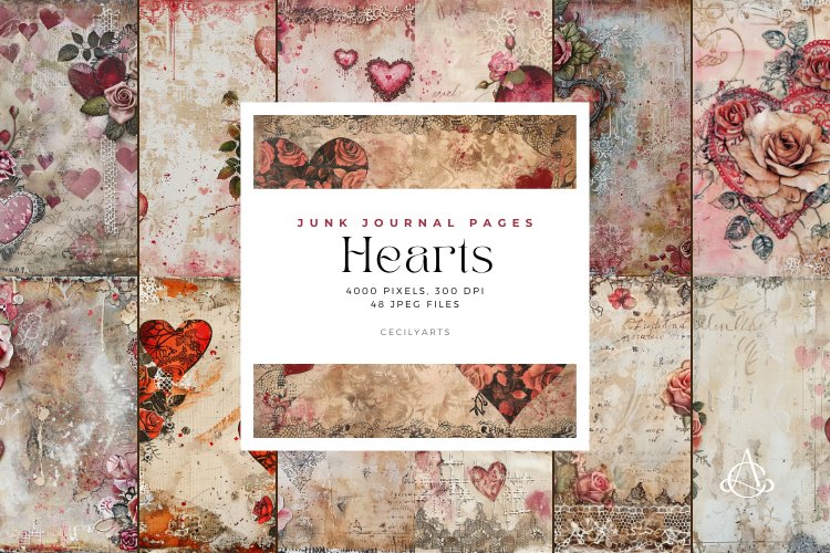 Hearts Junk Journal Pages Bundle example image 1