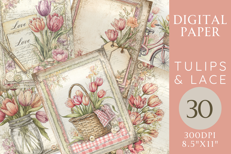 Tulips   Lace Journal Kit - 30 Printable Floral Pages