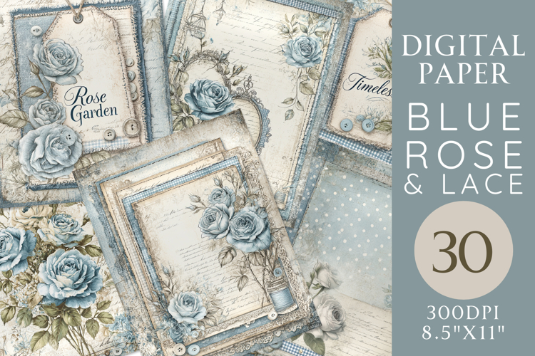 Blue Rose   Lace Junk Journal Paper 30 Printable Pages