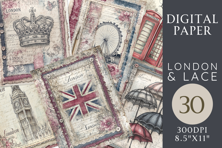 London   Lace Junk Journal Kit - 30 Printable Pages