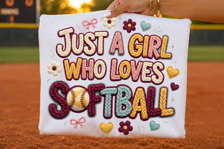 Just a Girl Who Loves Softball Faux Yarn T-Shirt Design PNG