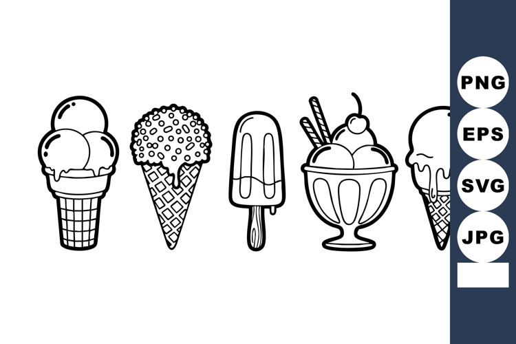 Variety of ice cream cones popsicle and sundae line art vect