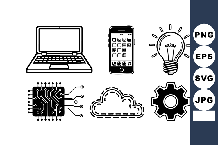 Technology icons laptop smartphone light bulb chip cloud gea