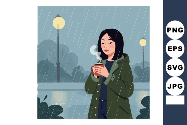 Woman enjoying hot drink on rainy day wearing green coat out