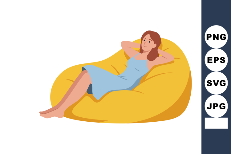Woman relaxing on yellow bean bag chair in blue dress casual