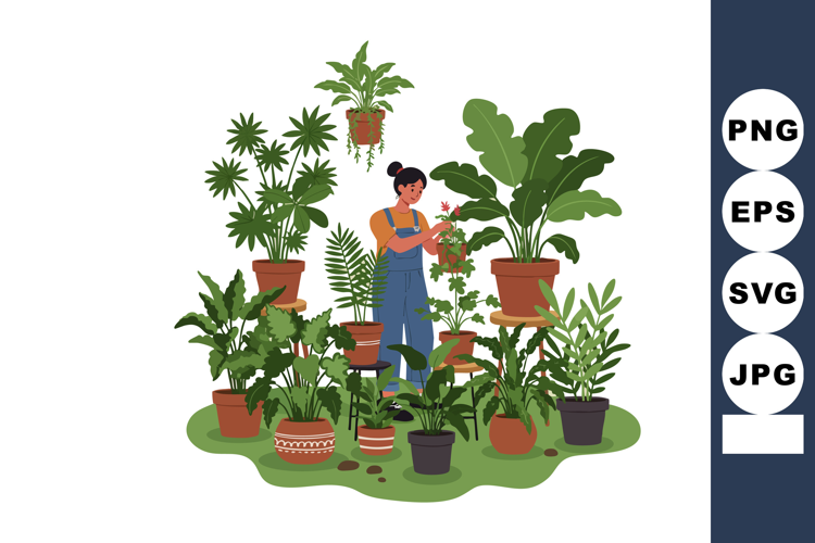 Woman tending various indoor potted plants in a green home g
