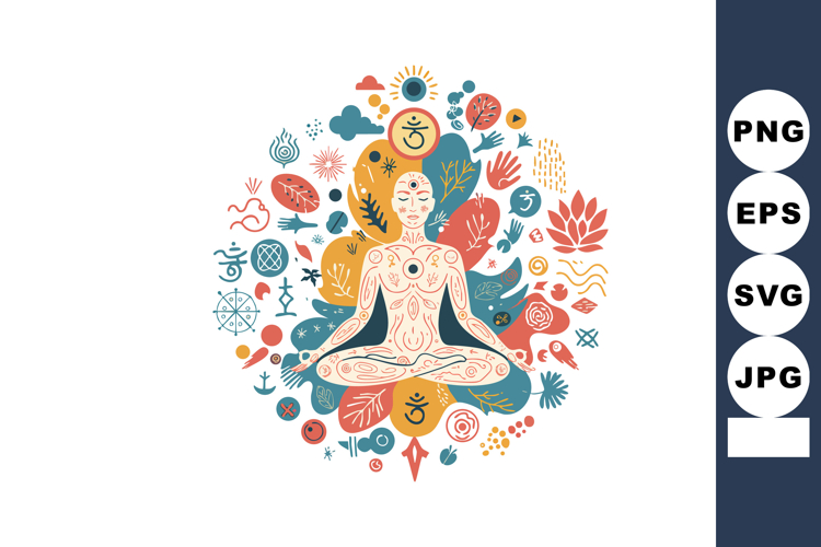 Meditative person surrounded by spiritual symbols and colorf