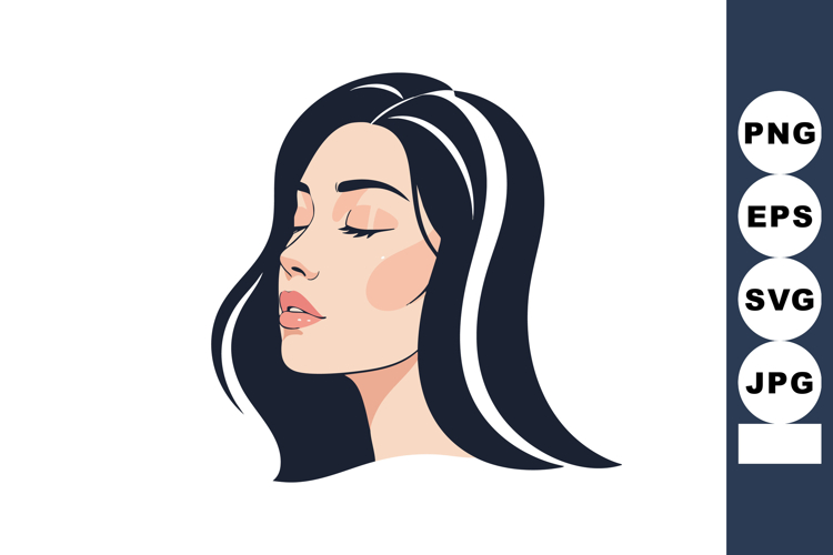 Woman with closed eyes and long dark hair face profile vecto