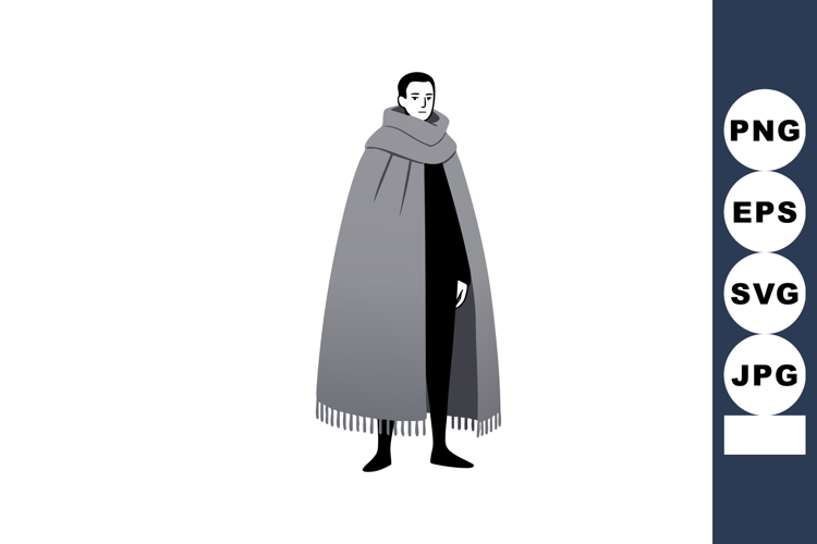 Man wrapped in large gray scarf and cloak standing isolated