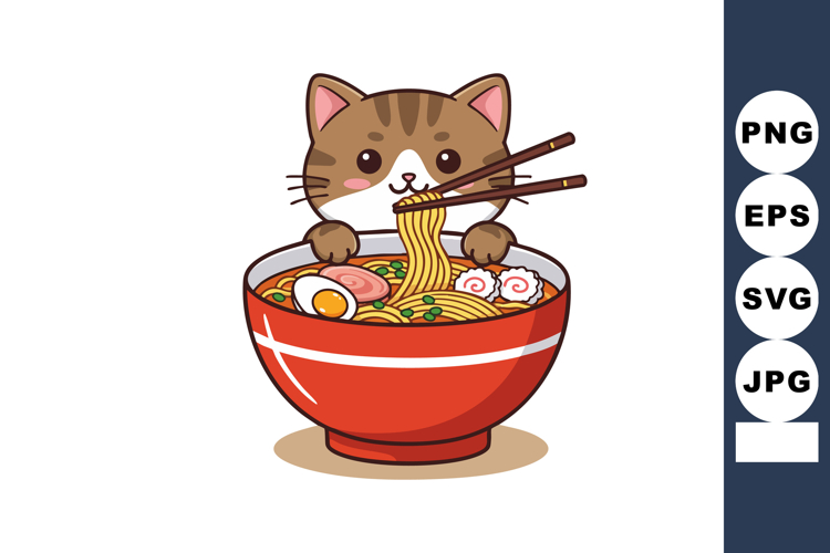 Cute cat eating ramen noodles with chopsticks in red bowl ad