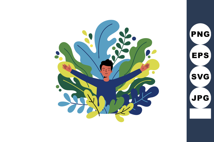 Man surrounded by colorful leaves and foliage in a peaceful