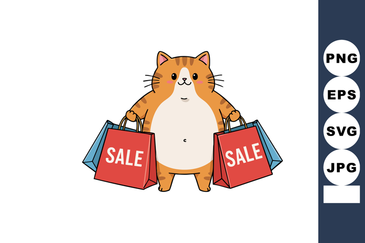 Cute chubby cat holding two red sale shopping bags with blue